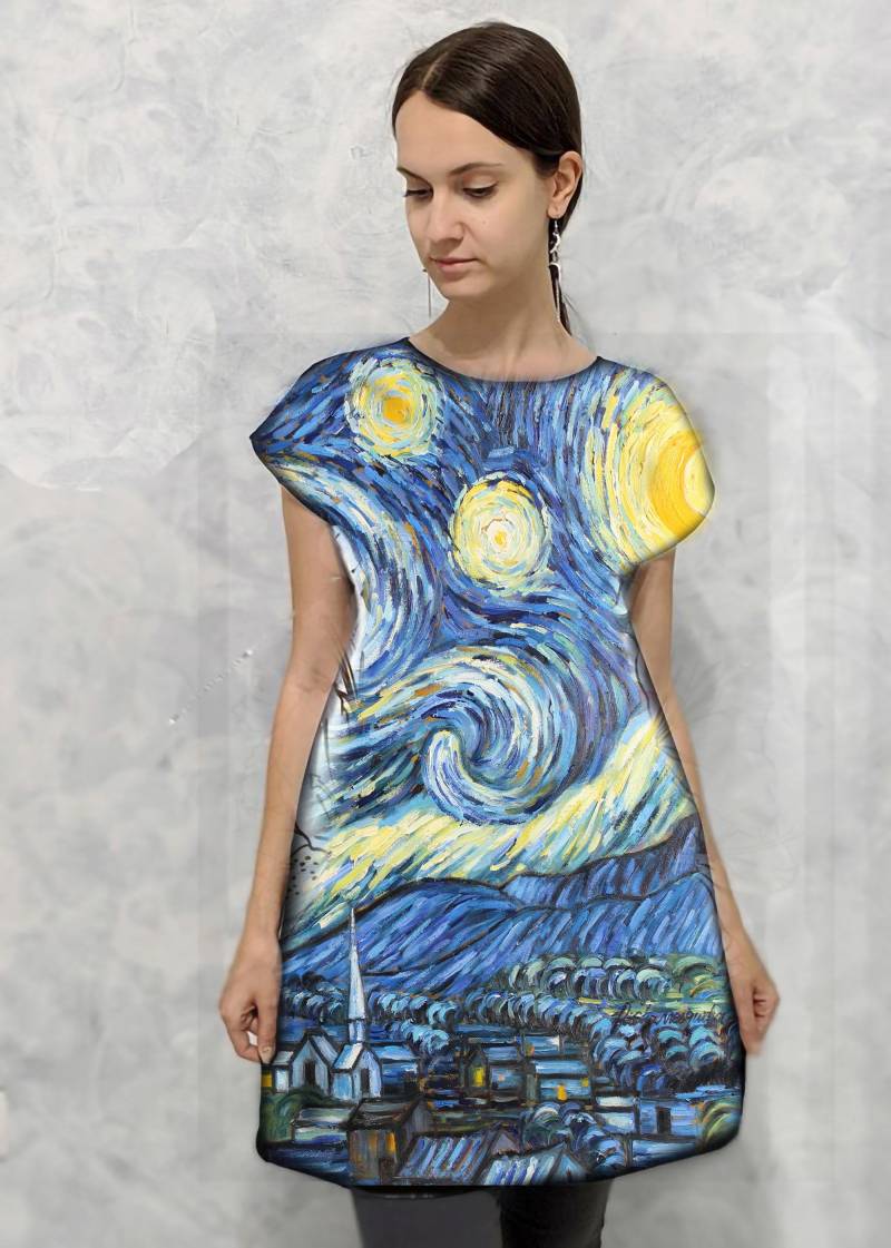 Van Gogh Muster Print Kleid A-Line Art Nachthimmel Sterne Paiting von REBELLYANN