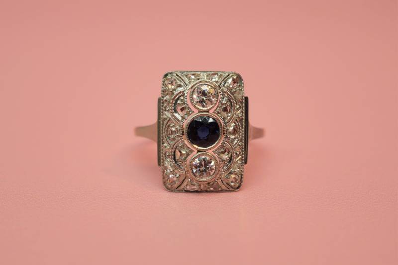 Art Deco Diamant Und Saphir-Schildring/Antiker 14K Gold Schildring Art Deco Diamant Und Saphir-Schildring/Antiker 14K Gold Schildring von REBUS33