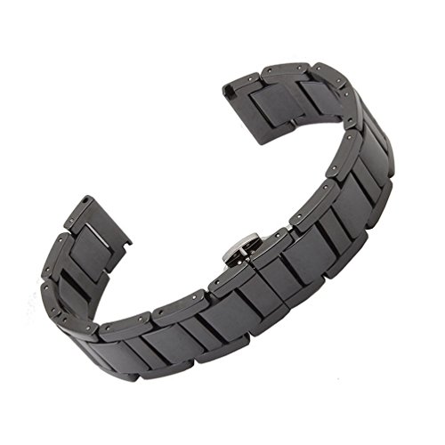 RECHERE 18mm Armband aus schwarzem Keramik Armband Uhrenarmband Druckknopf Faltschließe von RECHERE
