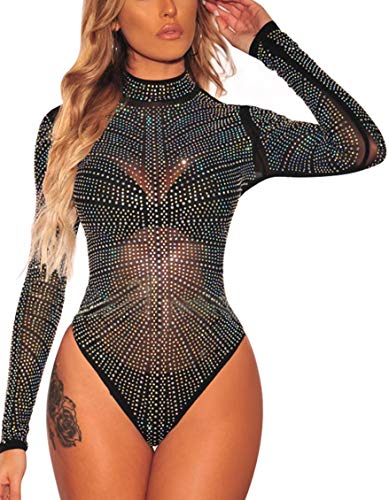 RED DOT BOUTIQUE 650 - Plus Size Sheer Mesh Durchsichtig Trikot Strass Langarm Bodysuit, Schwarze Strasssteine, 5XL Große Größen von RED DOT BOUTIQUE