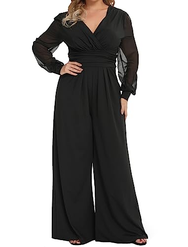 RED DOT BOUTIQUE 701 - Overall Plus Size Mesh Lange Ärmel V-Ausschnitt Weite Hosen, Schwarz, 3X von RED DOT BOUTIQUE