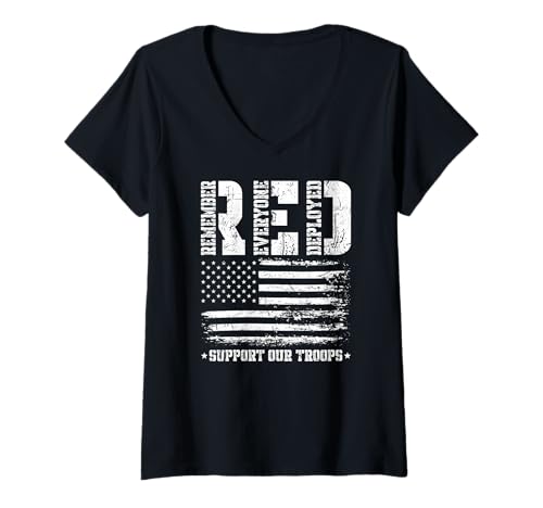 Damen RED Unterstützt unsere Truppen Denkt daran, dass alle eingesetzt wurden (RED) T-Shirt mit V-Ausschnitt von RED Friday Awareness Military Pride Apparel