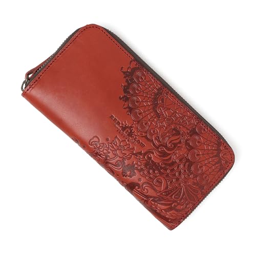 RED GLOW Herren Geldbörse Lang Made in Japan Tochigi Leder Echtes Leder RG-006 Runder Reißverschluss Phoenix Prägung Japanisches Muster, Rot/Ausflug, einfarbig (Getaway Solids), Geldbörse aus Leder von RED GLOW（レッドグロウ）