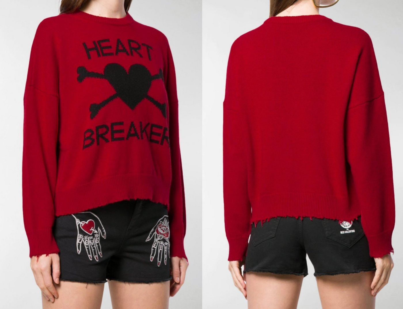 RED VALENTINO Strickpullover VALENTINO RED Heart Breaker Cropped Distressed Wool Cashmere Jumper P von RED VALENTINO