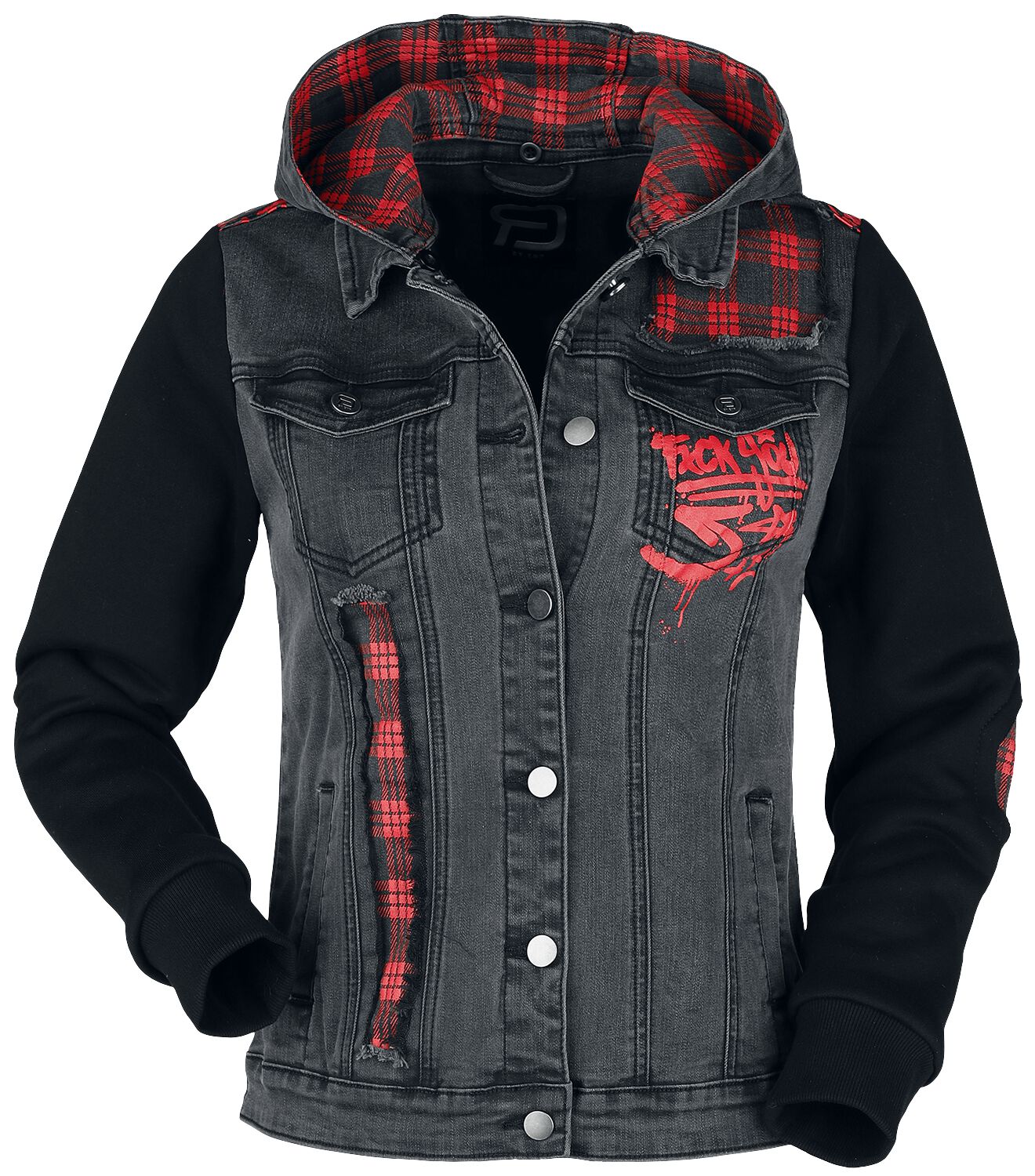 Jeansjacke für Damen  schwarz "Jeansjacke mit Print und Karoeinsätzen" von RED by EMP von RED by EMP