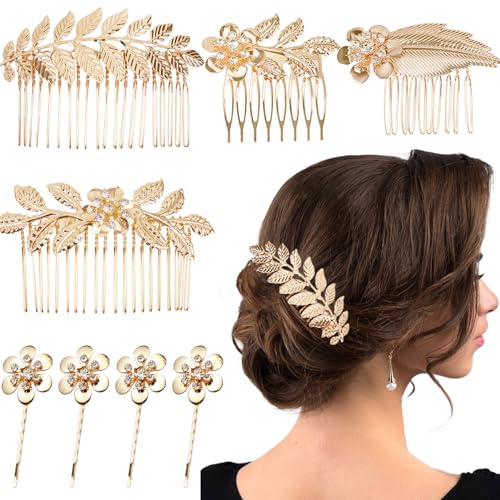 8 Stück Blatt-Haar-Seitenkämme Gold Strass Haarnadeln Clips mit Zähnen Kämme für Hochzeit Haarschmuck für Frauen, Mädchen, Braut, Brautjungfer (Gold) von REDANHA