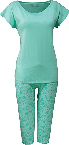 REDBEST Damen Schlafanzug, Pyjama, Zweiteiler, Nachtwäsche Single-Jersey Uni Blümchen - T-Shirt und Caprihose Mint Größe 42 - mit Bindeband und Eingriffstaschen von REDBEST