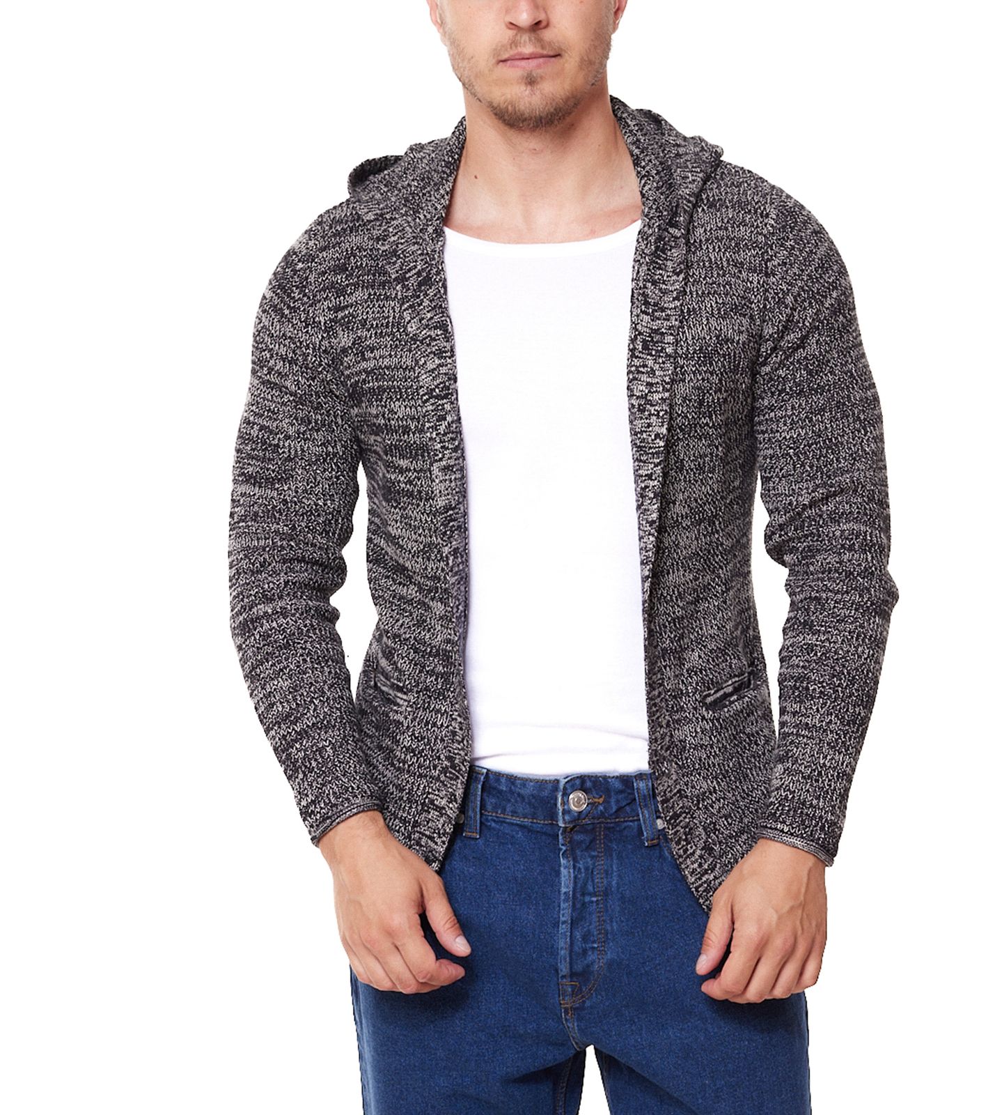 REDEFINED REBEL Cabe Knit Herren Cardigan Strick-Jacke mit Kapuze TINCSN498 Melange Schwarz von REDEFINED REBEL