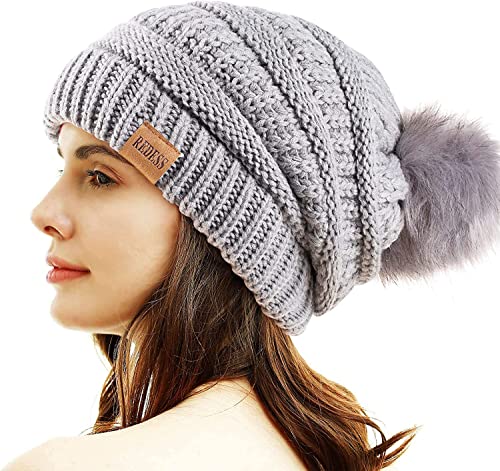 REDESS Damen Winter Pom Pom Beanie Mütze mit warmem Fleece gefüttert, Dicker Slouchy Snow Knit Chunky Baggy Skull Ski Cap von REDESS