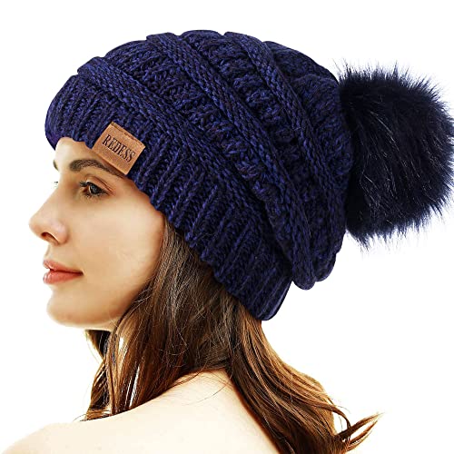 REDESS Damen Winter Pom Pom Beanie Mütze mit warmem Fleece gefüttert, Dicker Slouchy Snow Knit Chunky Baggy Skull Ski Cap von REDESS