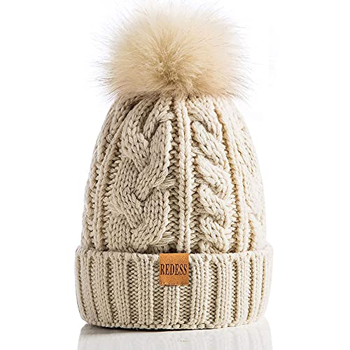 REDESS Damen Winter Bommel Beanie Mütze mit warmem Fleece gefüttert, Dicker Slouchy Snow Knit Skull Ski Cap von REDESS