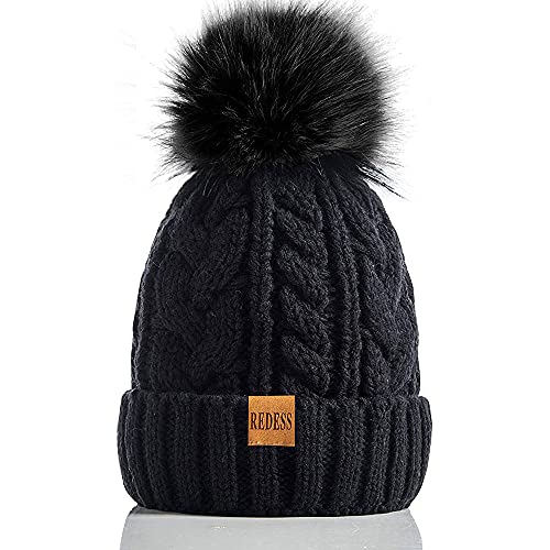 REDESS Damen Winter Bommel Beanie Mütze mit warmem Fleece gefüttert, Dicker Slouchy Snow Knit Skull Ski Cap von REDESS