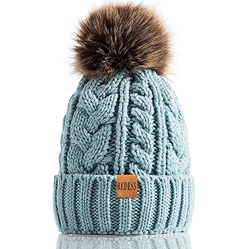 REDESS Damen Winter Bommel Beanie Mütze mit warmem Fleece gefüttert, Dicker Slouchy Snow Knit Skull Ski Cap von REDESS