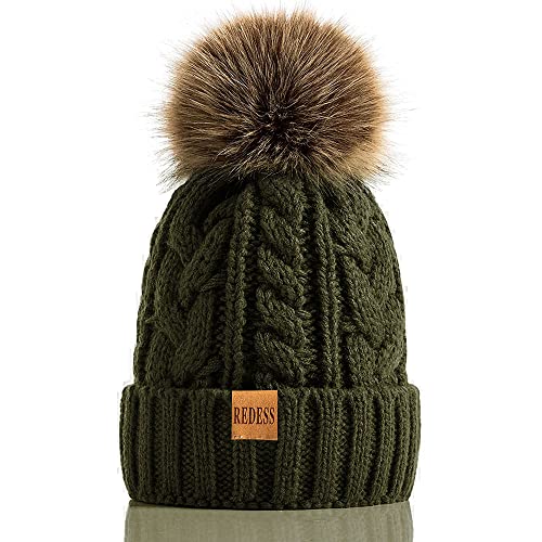 REDESS Damen Winter Bommel Beanie Mütze mit warmem Fleece gefüttert, Dicker Slouchy Snow Knit Skull Ski Cap von REDESS