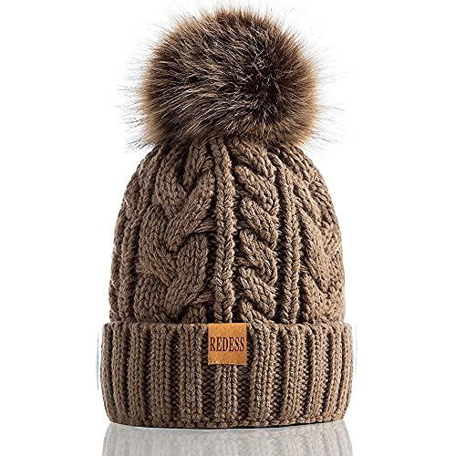 REDESS Damen Winter Bommel Beanie Mütze mit warmem Fleece gefüttert, Dicker Slouchy Snow Knit Skull Ski Cap von REDESS