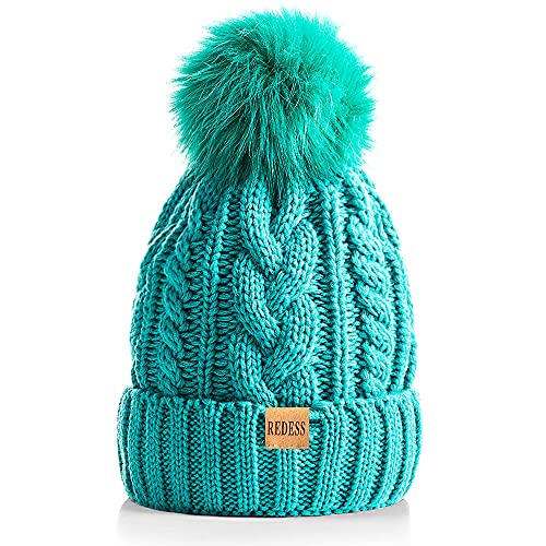 REDESS Damen Winter Bommel Beanie Mütze mit warmem Fleece gefüttert, Dicker Slouchy Snow Knit Skull Ski Cap von REDESS