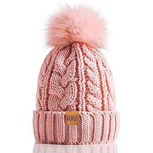 REDESS Damen Winter Bommel Beanie Mütze mit warmem Fleece gefüttert, Dicker Slouchy Snow Knit Skull Ski Cap von REDESS