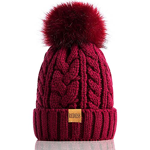 REDESS Damen Winter Bommel Beanie Mütze mit warmem Fleece gefüttert, Dicker Slouchy Snow Knit Skull Ski Cap von REDESS