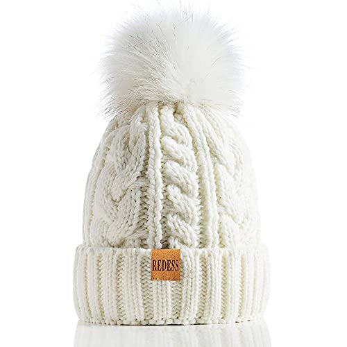 REDESS Damen Winter Bommel Beanie Mütze mit warmem Fleece gefüttert, Dicker Slouchy Snow Knit Skull Ski Cap von REDESS