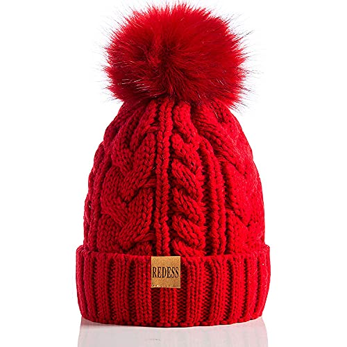 REDESS Damen Winter Bommel Beanie Mütze mit warmem Fleece gefüttert, Dicker Slouchy Snow Knit Skull Ski Cap von REDESS