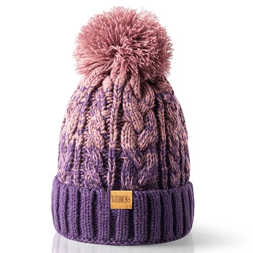 REDESS Damen Winter Bommel Beanie Mütze mit warmem Fleece gefüttert, Dicker Slouchy Snow Knit Skull Ski Cap von REDESS