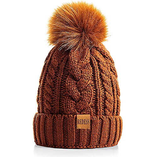 REDESS Damen Winter Bommel Beanie Mütze mit warmem Fleece gefüttert, Dicker Slouchy Snow Knit Skull Ski Cap von REDESS