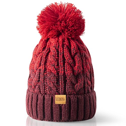 REDESS Damen Winter Bommel Beanie Mütze mit warmem Fleece gefüttert, Dicker Slouchy Snow Knit Skull Ski Cap von REDESS