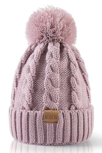 REDESS Damen Winter Bommel Beanie Mütze mit warmem Fleece gefüttert, Dicker Slouchy Snow Knit Skull Ski Cap von REDESS