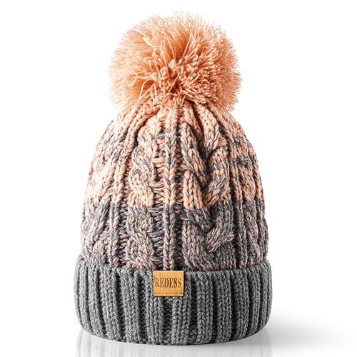 REDESS Damen Winter Bommel Beanie Mütze mit warmem Fleece gefüttert, Dicker Slouchy Snow Knit Skull Ski Cap von REDESS