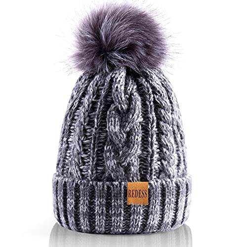 REDESS Damen Winter Bommel Beanie Mütze mit warmem Fleece gefüttert, Dicker Slouchy Snow Knit Skull Ski Cap von REDESS