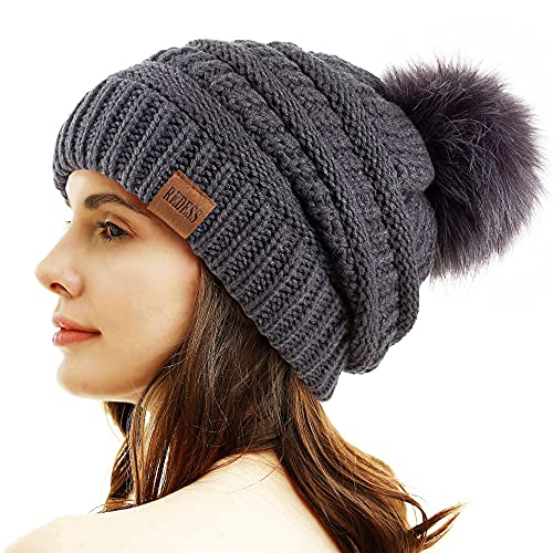 REDESS Damen Winter Pom Pom Beanie Mütze mit warmem Fleece gefüttert, Dicker Slouchy Snow Knit Chunky Baggy Skull Ski Cap von REDESS