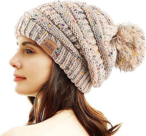 REDESS Damen Winter Pom Pom Beanie Mütze mit warmem Fleece gefüttert, Dicker Slouchy Snow Knit Chunky Baggy Skull Ski Cap von REDESS