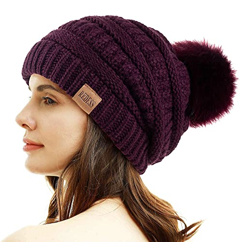 REDESS Damen Winter Pom Pom Beanie Mütze mit warmem Fleece gefüttert, Dicker Slouchy Snow Knit Chunky Baggy Skull Ski Cap von REDESS