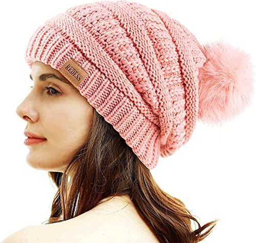 REDESS Damen Winter Pom Pom Beanie Mütze mit warmem Fleece gefüttert, Dicker Slouchy Snow Knit Chunky Baggy Skull Ski Cap von REDESS