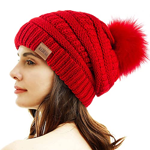 REDESS Damen Winter Pom Pom Beanie Mütze mit warmem Fleece gefüttert, Dicker Slouchy Snow Knit Chunky Baggy Skull Ski Cap von REDESS