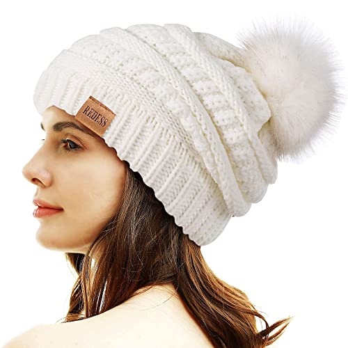 REDESS Damen Winter Pom Pom Beanie Mütze mit warmem Fleece gefüttert, Dicker Slouchy Snow Knit Chunky Baggy Skull Ski Cap von REDESS
