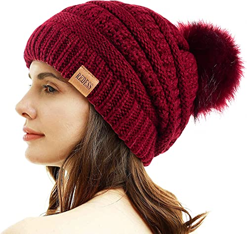 REDESS Damen Winter Pom Pom Beanie Mütze mit warmem Fleece gefüttert, Dicker Slouchy Snow Knit Chunky Baggy Skull Ski Cap von REDESS