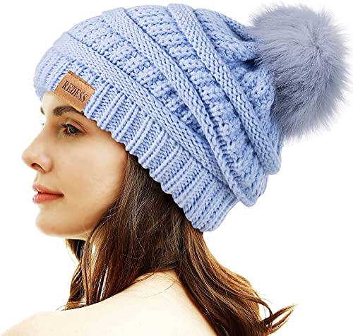 REDESS Damen Winter Pom Pom Beanie Mütze mit warmem Fleece gefüttert, Dicker Slouchy Snow Knit Chunky Baggy Skull Ski Cap von REDESS