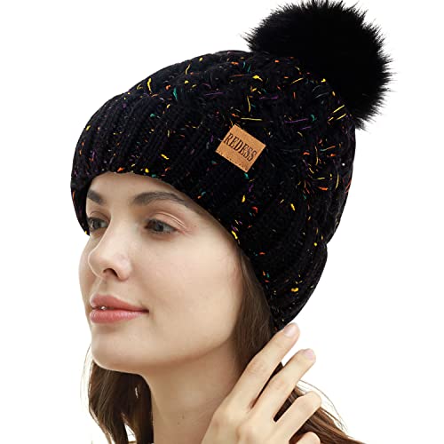 REDESS Damen Winter Pompom Beanie Mütze Fleece gefütterte warme Mützen, Dicke, lässige Schneestrickmütze für Damen von REDESS