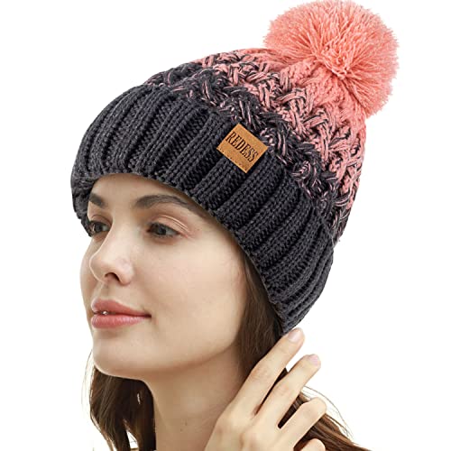 REDESS Damen Winter Pompom Beanie Mütze Fleece gefütterte warme Mützen, Dicke, lässige Schneestrickmütze für Damen von REDESS