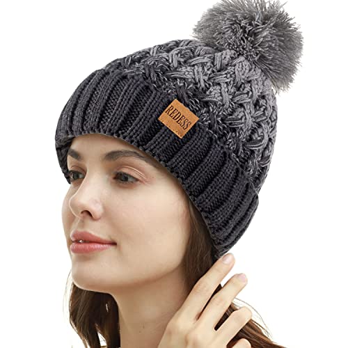 REDESS Damen Winter Pompom Beanie Mütze Fleece gefütterte warme Mützen, Dicke, lässige Schneestrickmütze für Damen von REDESS