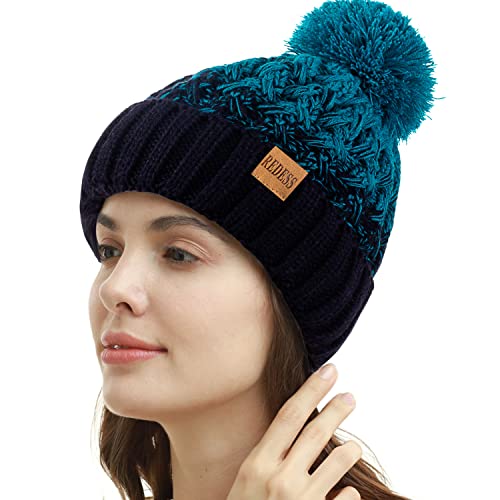 REDESS Damen Winter Pompom Beanie Mütze Fleece gefütterte warme Mützen, Dicke, lässige Schneestrickmütze für Damen von REDESS