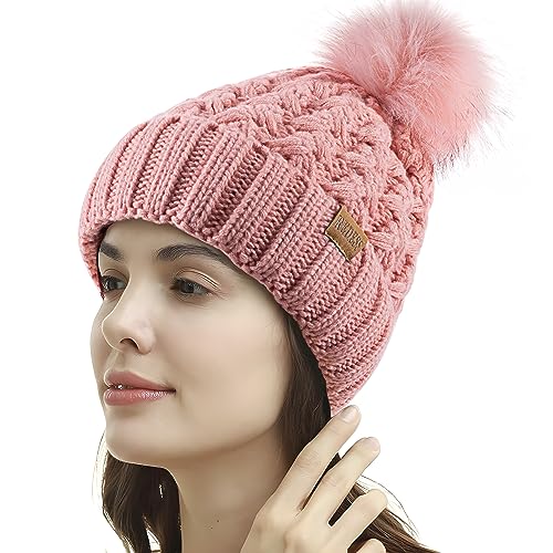 REDESS Damen Winter Pompom Beanie Mütze Fleece gefütterte warme Mützen, Dicke, lässige Schneestrickmütze für Damen von REDESS