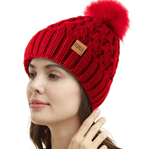 REDESS Damen Winter Pompom Beanie Mütze Fleece gefütterte warme Mützen, Dicke, lässige Schneestrickmütze für Damen von REDESS