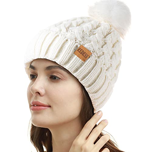 REDESS Damen Winter Pompom Beanie Mütze Fleece gefütterte warme Mützen, Dicke, lässige Schneestrickmütze für Damen von REDESS