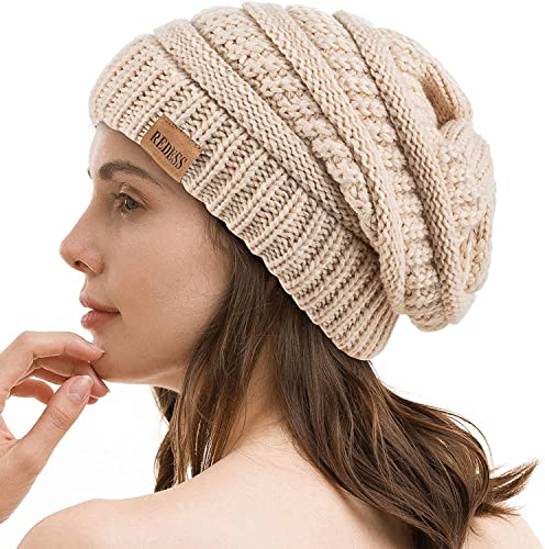 REDESS Slouchy Beanie Mütze für Herren und Damen Winter Warm Chunky Soft Oversized Zopfstrickmütze von REDESS