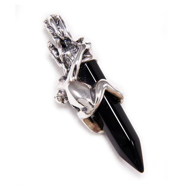 Frosch/Schwarzer Onyx/Säule/925 Sterlingsilber Anhänger/Silber Charm/Gothic/Biker/Rockabilly/Hellbraun-024 von REDGATECASTLE