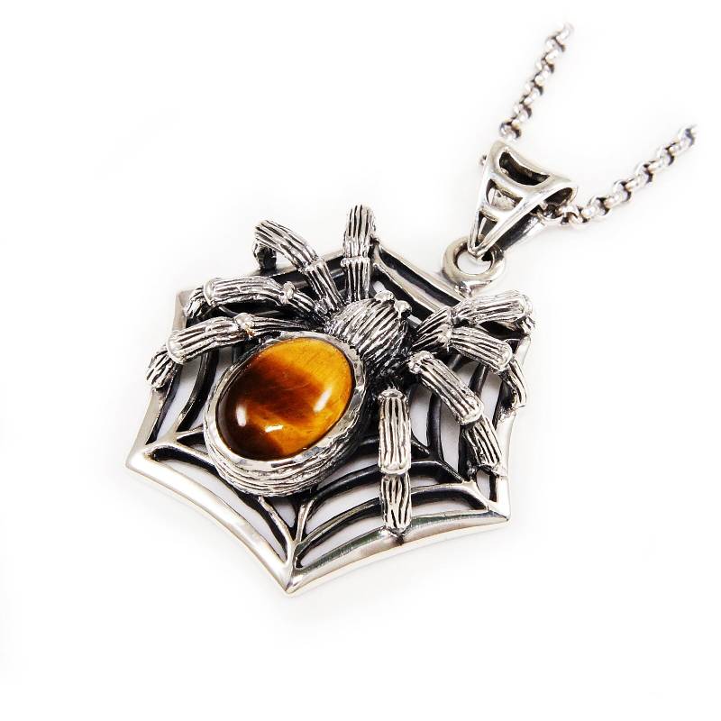 Spinne/Netz/Vogelspinne/925 Sterlingsilber Anhänger/Silber Charm/Tigerauge Stein/Gothic/Biker/Rockabilly/Sa-061 von REDGATECASTLE