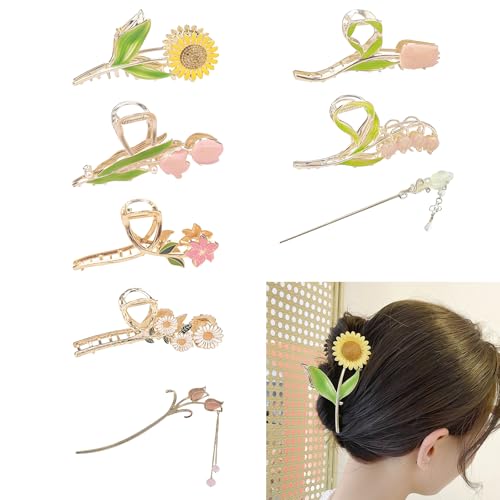 6 Stück Blumen Metall Haarklammer Und 2 Stück Haarnadel Rutschfestes Haarklammer Blume Sonnenblume Haarspangen für Dickes Haar Dünnes Haar für Frauen Mädchen von REDKNOT