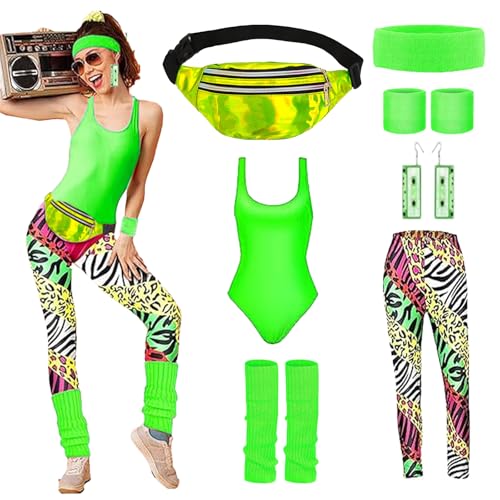 80er Jahre Outfit Damen Accessoires 90er Jahre Workout Kostüm 80er Retro Neon Bademode Kostüm mit Top, Leggings Bauchtasche,Stirnband, Beinwärmer für Karneval Neon Mottoparty (Grün, L) von REDKNOT